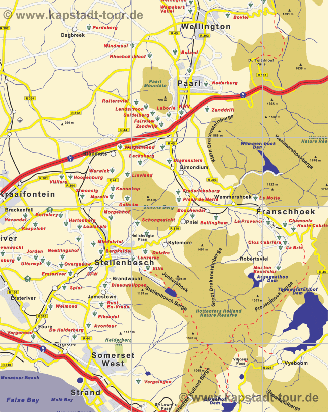 Area Map Cape Winelands / bersichtskarte des Weinland bei Kapstadt