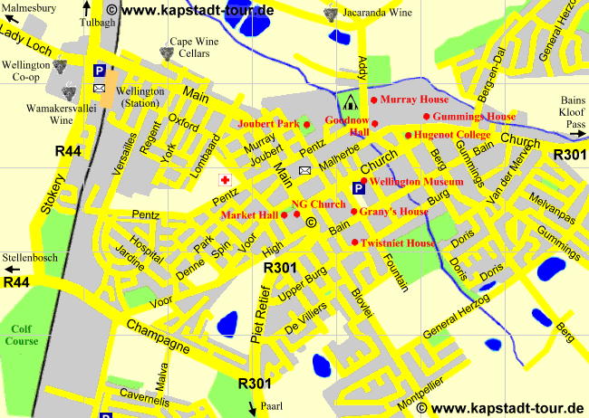 Stadplan der Innenstadt von Wellington - Karte © www.kapstadt-tour.de